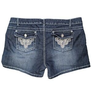 Suko 16 Y2K Embroidered Embellished Cotton Dark Wash Blue Jean Short Shorts